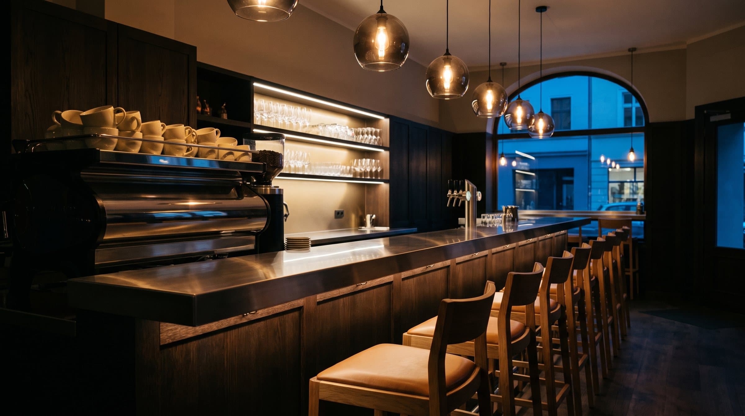 Looking along the bar towards the window