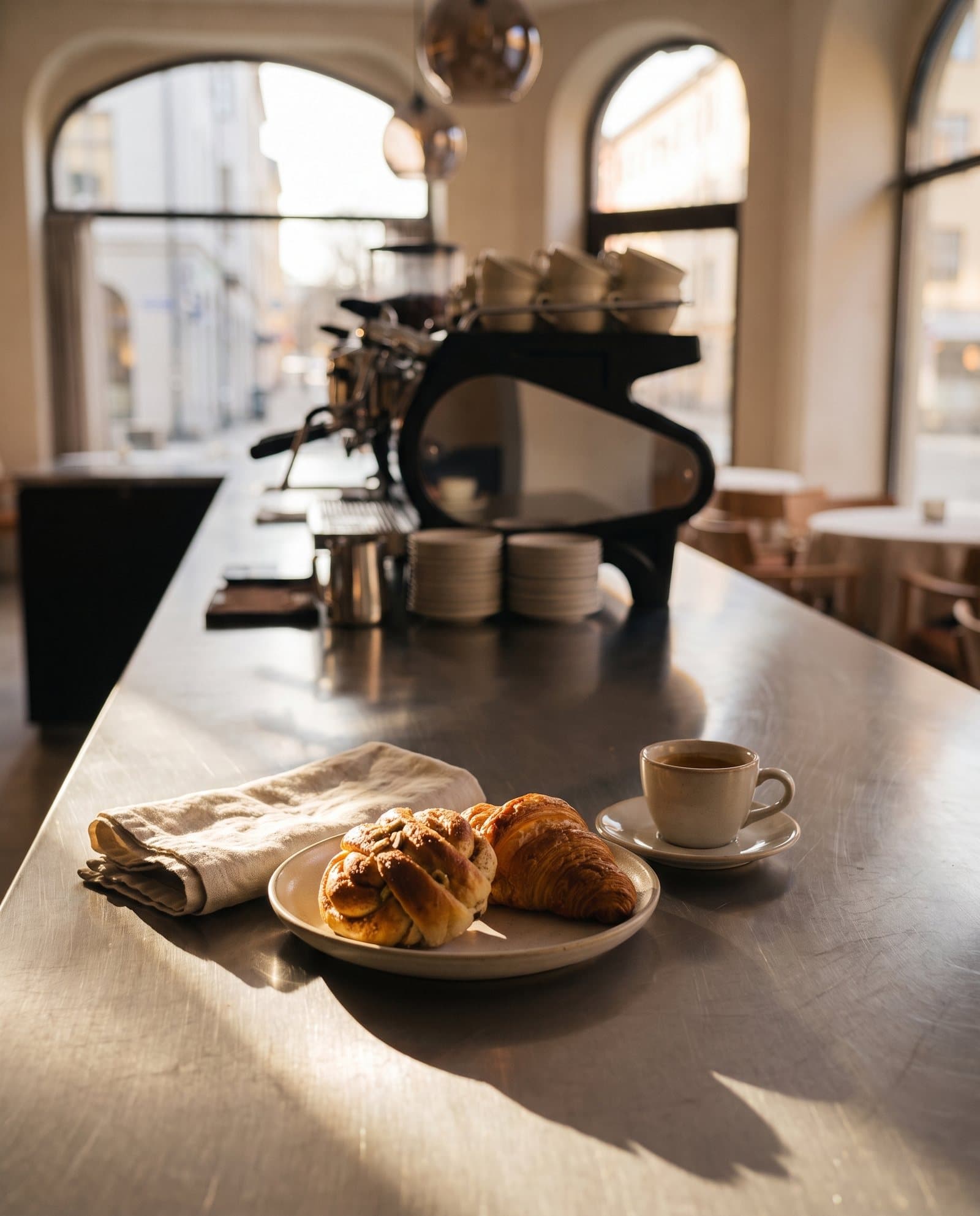 Cardamom bun and croissant on stoneware, morning light