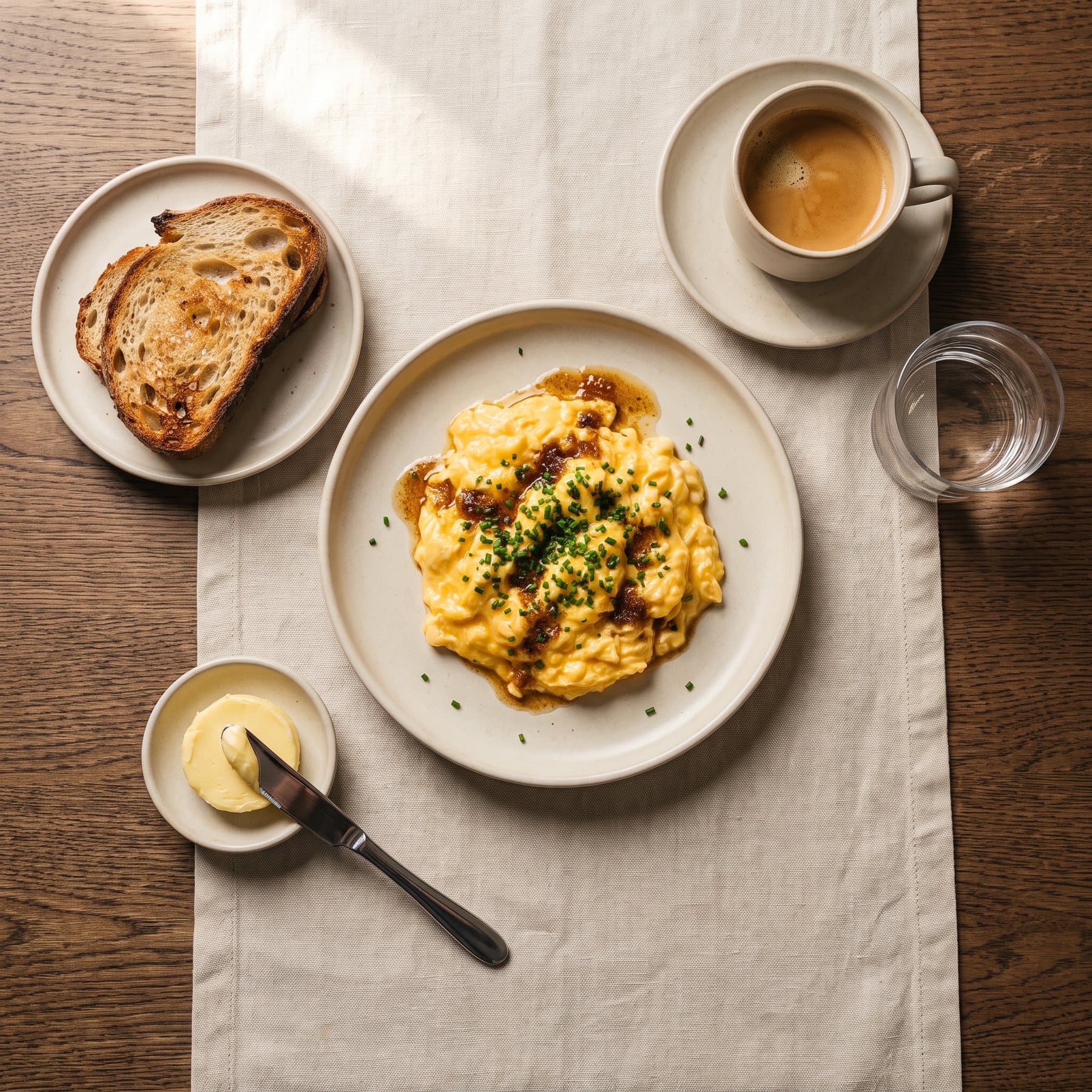 Soft scrambled eggs, brown butter and sourdough