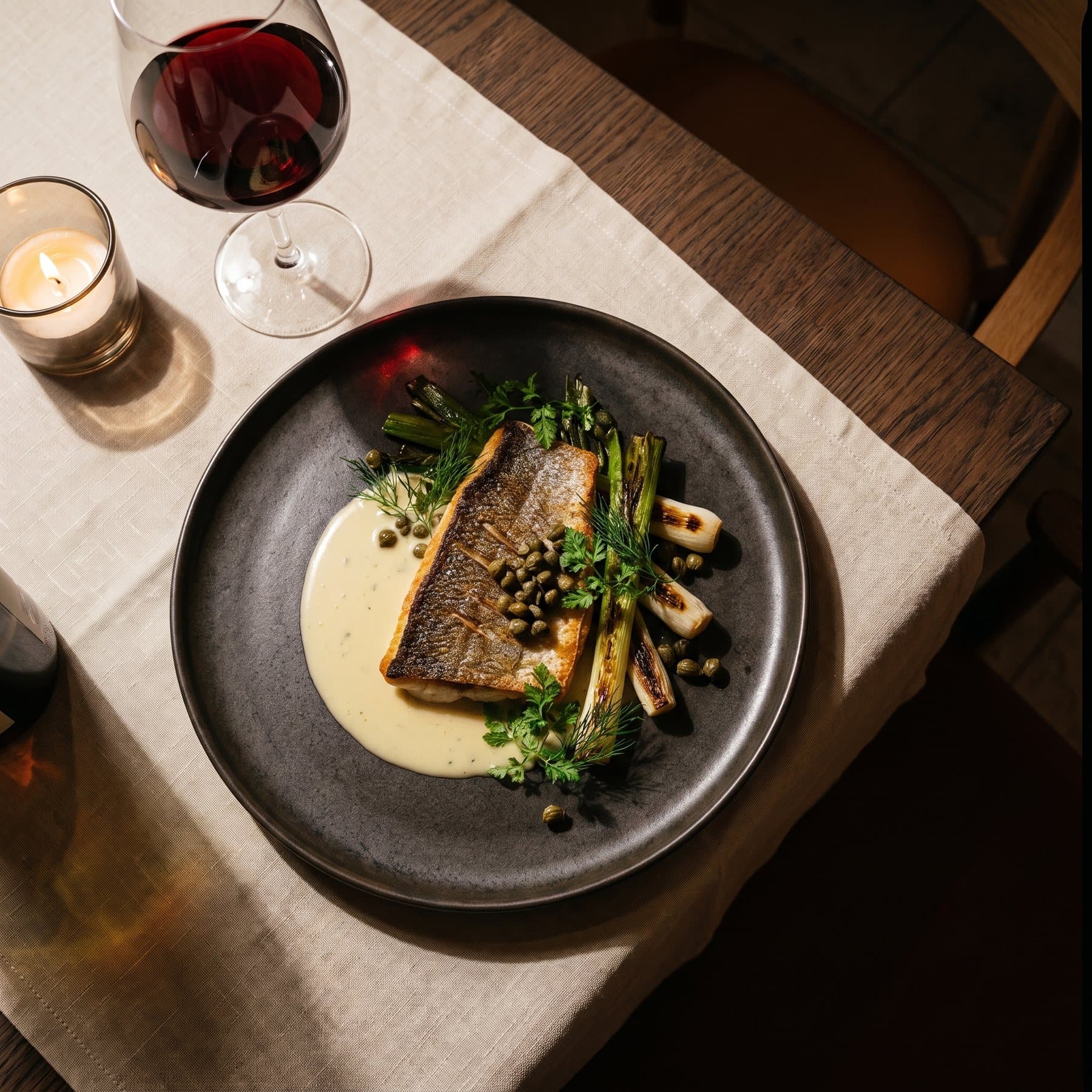 Sea bass with beurre blanc and charred leek