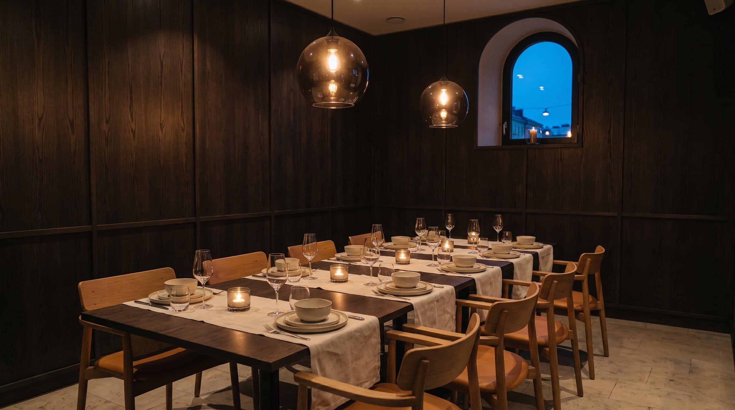 The private room, a long table set for twelve