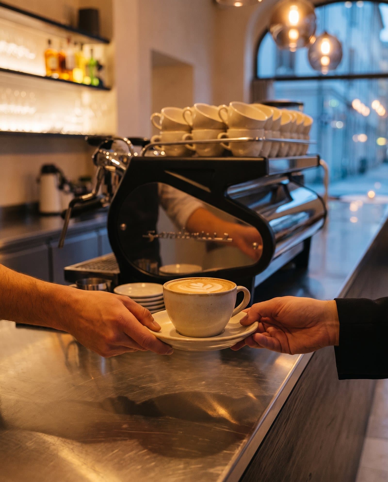 A cup of coffee handed across the bar