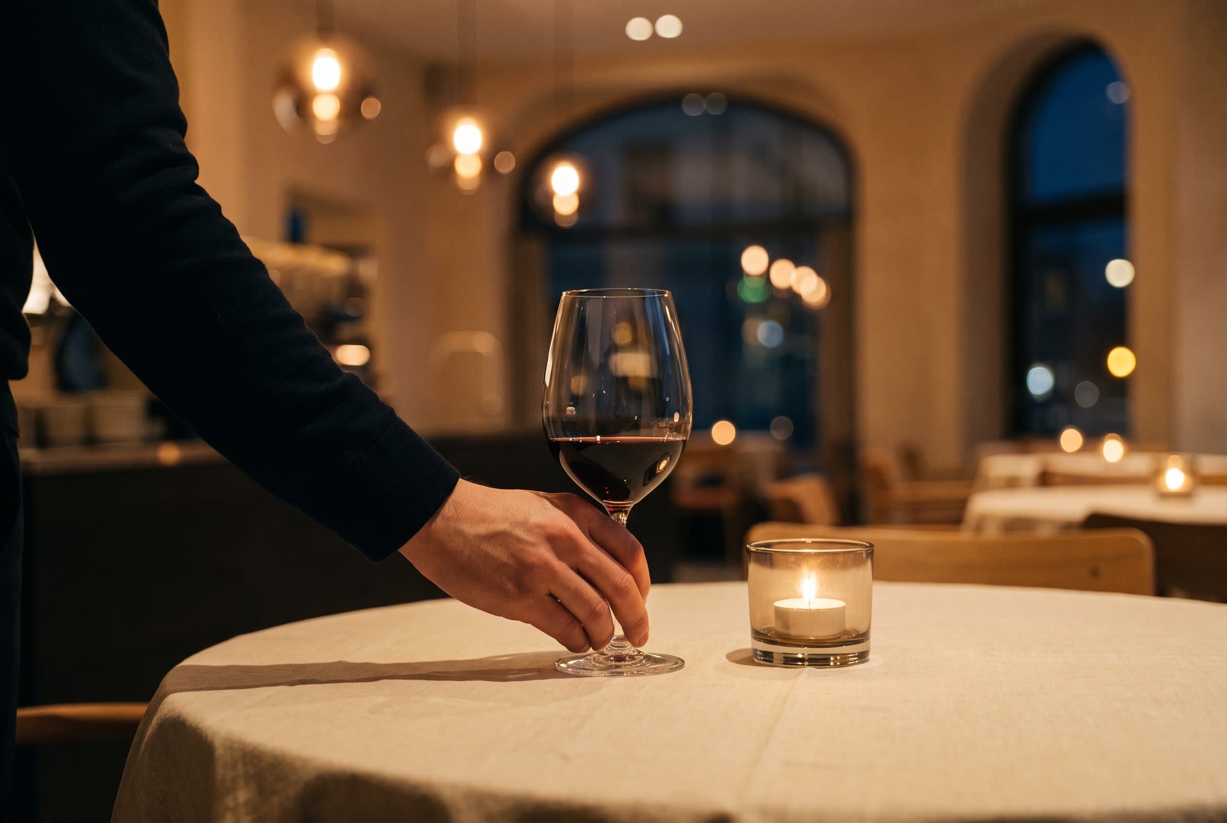 A glass of red wine placed on a linen table